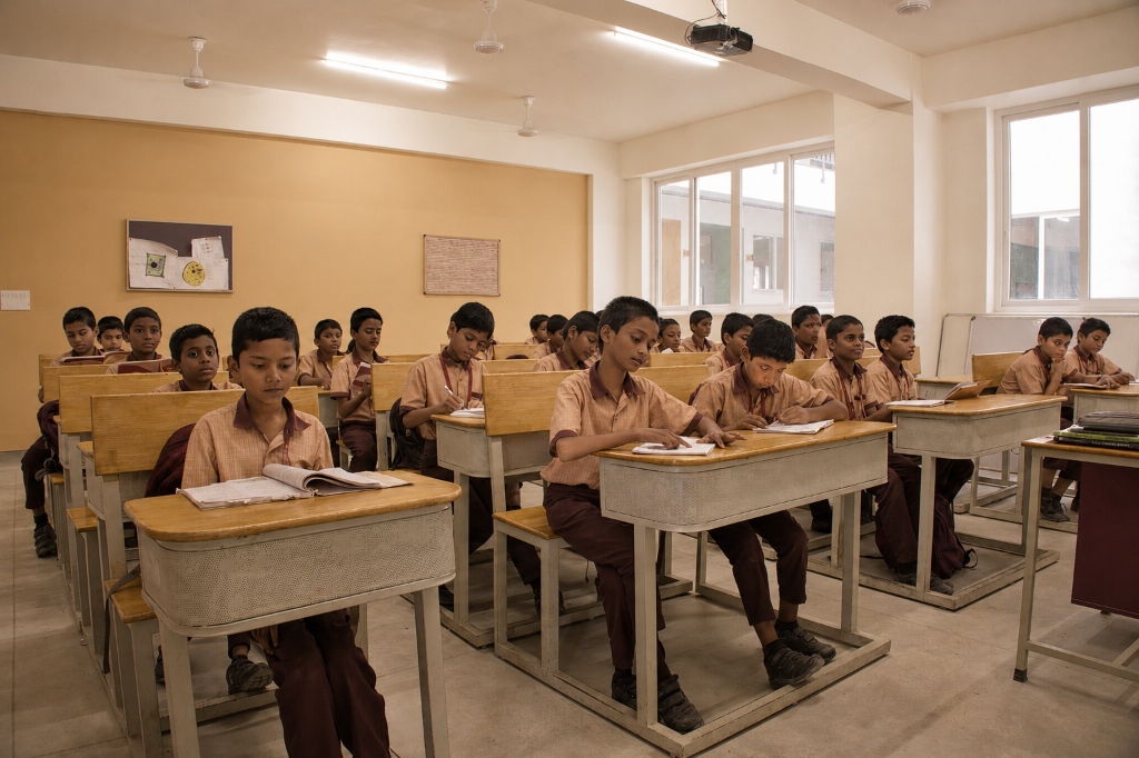 Students studying in modern classroom at St. Theresa's